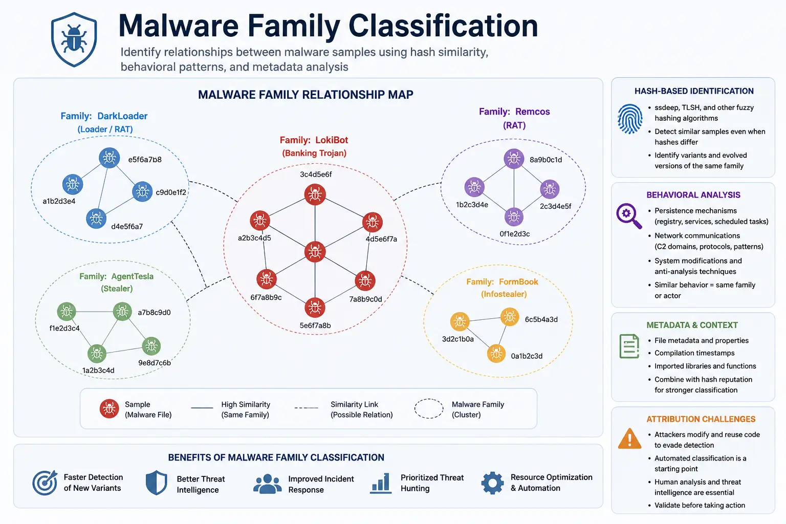 Illustrative map of possible relationships between malware samples